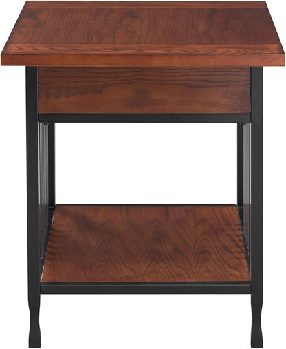 Leick Home Ironcraft End Table, Solid Wood, 1 Storage Drawer, Bottom Display Shelf, Mission Oak, Black Steel Base, Easy Assembly, 22 in W x 24 in H x 24 in D, 11207