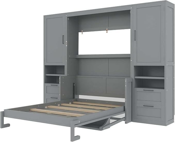 Full Size Murphy Bed with Storage, Wall Bed with Closet and Drawers | Top shelf, side wardrobe and two drawers keep bedding, clothes and daily items organized in a compact cabinet