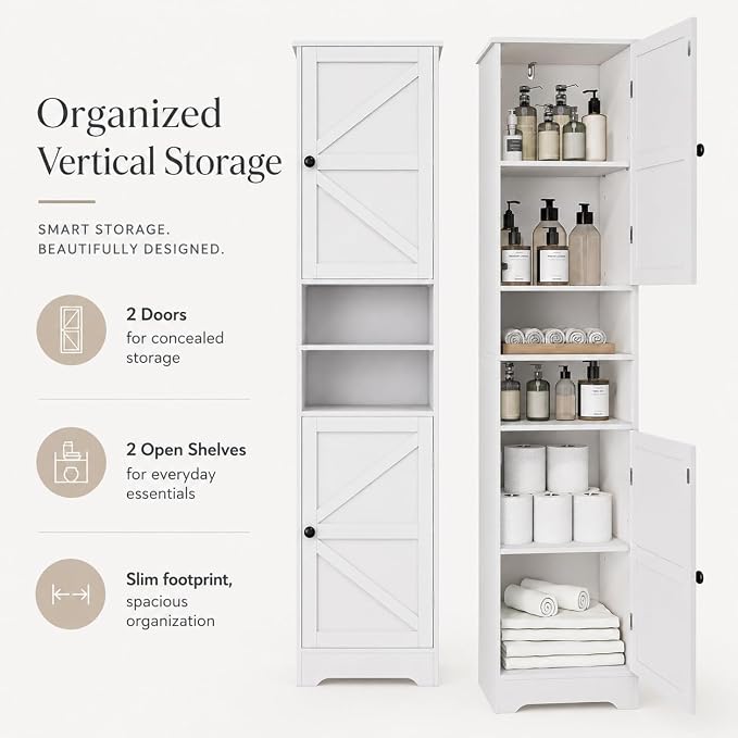 Viaozutis Tall Bathroom Storage Cabinet, Slim Freestanding Cabinet with Adjustable Shelves, Vertical Storage Organizer for Small Bathrooms, Toilet Paper & Daily Essentials Storage（White）