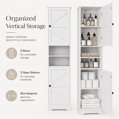 Viaozutis Tall Bathroom Storage Cabinet, Slim Freestanding Cabinet with Adjustable Shelves, Vertical Storage Organizer for Small Bathrooms, Toilet Paper & Daily Essentials Storage（White）