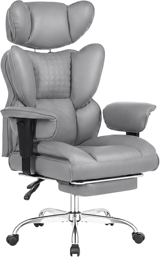DUMOS Big and Tall Home Office Desk Chair, Ergonomic Executive Chair with Footrest, Computer Gaming Chairs with High Back Reclining, Adjustable Armrests and Comfy Lumbar Support, PU Leather, Grey