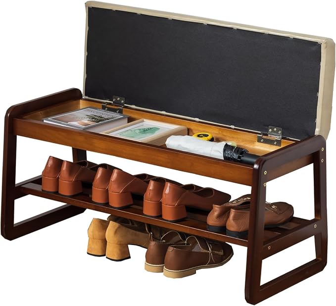 latifolia Solid Wood Bench, Entryway Shoe Bench with Cushion, Flip-Open Storage Compartment, 2-Tier Shoe Organizer(Grey,31.50''L)