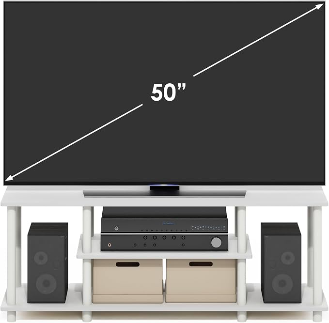 Furinno Turn-N-Tube TV Stand, 3-Tier Open Frame Rectangular Entertainment Center with Storage Shelf, TV Console for TV up to 50 Inch, Toolless Assembly, for Living Room, Bedroom, White