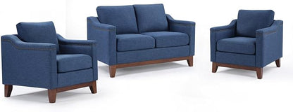 HAOMARKETS Modern 3 Piece Sofa Set with Rivets, Included Fabric Accent Chair Set of 2, and Upholstered Loveseat 2-Seater Couches with Solid Wood Legs, Living Room Furniture Set,Blue