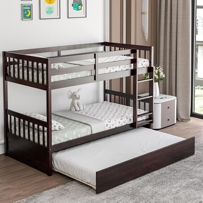 NAFORT Twin Over Full Bunk Bed with Trundle, Solid Wood Bunk Bed Frame, Ladder & Guardrails, Converts to 2 Platform Beds for Kids/Teens/Guests (Espresso, Twin Over Twin with Trundle)