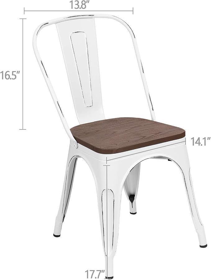 Furmax Metal Dining Chairs with Wood Seat, Indoor-Outdoor Use Stackable Chic Dining Bistro Cafe Side Metal Chairs Set of 4(White)