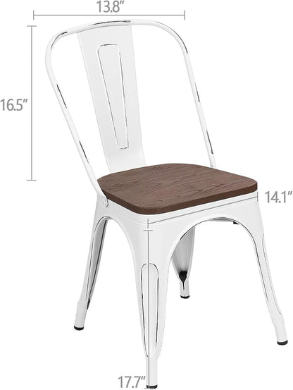 Furmax Metal Dining Chairs with Wood Seat, Indoor-Outdoor Use Stackable Chic Dining Bistro Cafe Side Metal Chairs Set of 4(White)