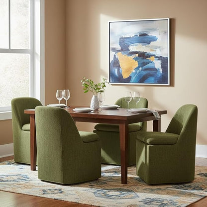 KISLOT Upholstered Dining Chairs with Casters, Washable Cover Modern Dining Room Chairs with Thick Cushion & Sturdy Metal Frame for Kitchen, Living Room, Dressing Room, Green Fabric, Set of 4