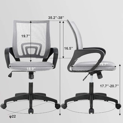 BestOffice | Ergonomic Office Chair | Mid-Back Swivel Desk Chair | Breathable Backrest & Lumbar Support | Adjustable Height | Sponge Seat | Rolling Wheels | Grey | for Adults & Women | Pack of 2