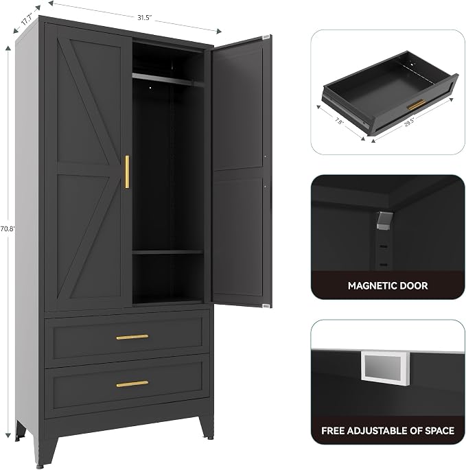71" Tall Metal Armoire Wardrobe Closet,17.7" Deep By 31.5" Wide Portable Closet for Hanging Clothes,Wardrobe Cabinet with Drawers and Shelves for Bedroom Office Garage,Black 1 Pack