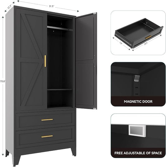 71" Tall Metal Armoire Wardrobe Closet,17.7" Deep By 31.5" Wide Portable Closet for Hanging Clothes,Wardrobe Cabinet with Drawers and Shelves for Bedroom Office Garage,Black 1 Pack