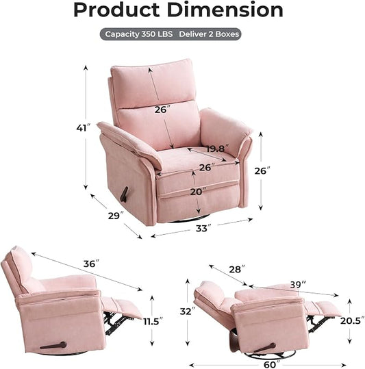 Oversized Recliner Chair, 26" Extra Wide 360° Swivel Rocker Recliner with Adjustable Headrest, Chenille Glider Rocking Nursery Chair with Overstuffed Armrest, Lumbar Support, Pink