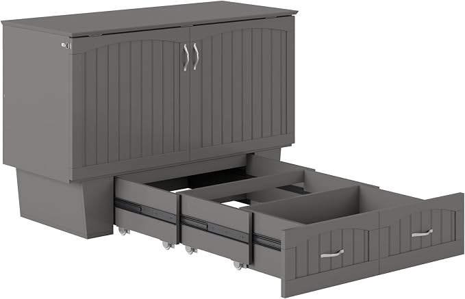 AFI, Nantucket Full Size Murphy Bed Chest with Mattress, Storage Drawer and Built-in USB Charger, Grey