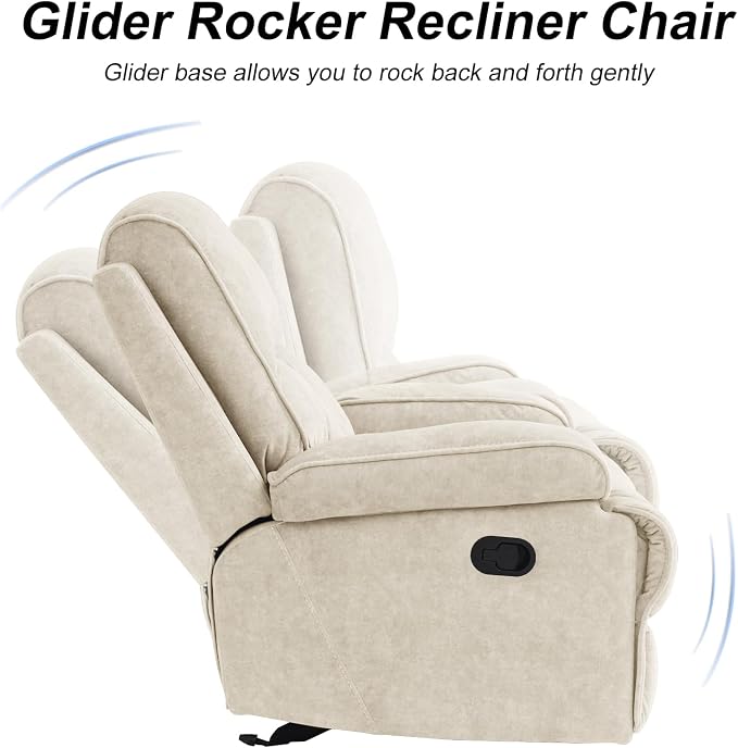 Manual Rocker Recliner Chair for Adults, High Back Glider with Deep Seat, Upholstered Fabric Armchair for Living Room & Nursery, Beige
