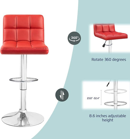 Furniwell Bar Stools Modern Pu Leather Swivel Adjustable Barstools Armless Counter Height Swivel Bar Stool Synthetic Leather Height Square Barstool with Set of 2 (Red)