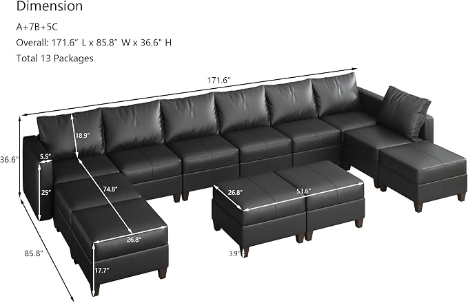 Ease MOOSEO versized Sectional Sofa Modular Couch with Reversible Chaises, Black Faux Leather Sectional Sofa U Shaped Sectional Couch with Storage Large Sleeper Sectional Modular Sofa