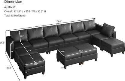 Ease MOOSEO versized Sectional Sofa Modular Couch with Reversible Chaises, Black Faux Leather Sectional Sofa U Shaped Sectional Couch with Storage Large Sleeper Sectional Modular Sofa