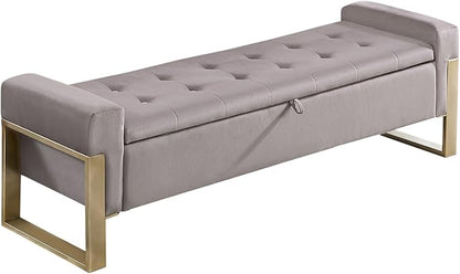 End of Bed Storage Bench, 67'' Benches for Bedroom Foot of Bed King Size, Upholstered Velvet Storage Ottoman Bench with Gold Legs for Window Living Room Entryway, Khaki Grey