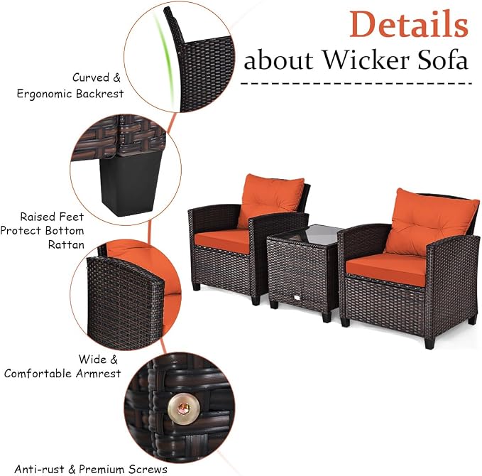 COSTWAY 3PCS Patio Furniture Set, PE Rattan Wicker Sofa w/Washable Cushion and Coffee Table, Tempered Glass Tabletop, Outdoor Conversation Set for Balcony, Porch, Yard, Backyard, Lawn (Orange)