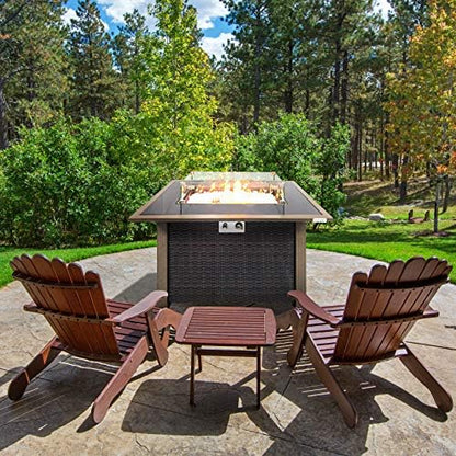 SereneLife Outdoor Gas Fire Pit Table, 50,000 BTU Propane Burner, Auto Ignition, Tempered Glass Wind Guard, Stainless Steel Control Panel, Clear Glass Rocks, Patio Backyard Firepit Table