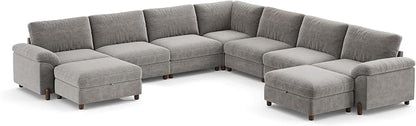 SITJOY Large Cloud Couch, 138" Wide 7 Seater V Shape, Light Gray Chenille | Detachable and Washable Chenille Cover Sectional Sofas for Living Room, Deep Seat Wide Couch with Chaise, Storage Ottoman