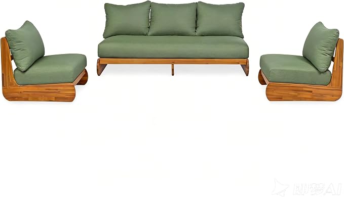 Merax 3 Piece Patio Outdoor Furniture Set, All-Weather Acacia Wood 3-Seater Daybed Sofa, 2 Chaise Lounge Chairs with Thick Cushions for Porch, Lawn, Backyard, Balcony, Green+Teak