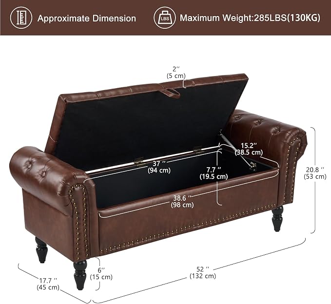 Furniliving 51” End of Bed Storage Bench, Bedroom Bench with Button-Tufted, Upholstered Storage Ottoman Benches Window Bench with Storage, Leather Bench for Living Room, Entryway, PU, Darkbrown
