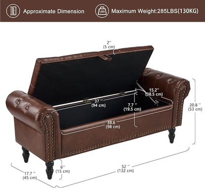 Furniliving 51” End of Bed Storage Bench, Bedroom Bench with Button-Tufted, Upholstered Storage Ottoman Benches Window Bench with Storage, Leather Bench for Living Room, Entryway, PU, Darkbrown