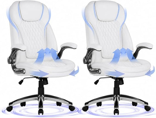 COLAMY High Back Executive Office Chairs Set of 2, Ergonomic PU Leather Desk Chairs with Flip-Up Armrests, Adjustable Height, Lumbar Support, Comfortable Computer Chairs for Home Office, White