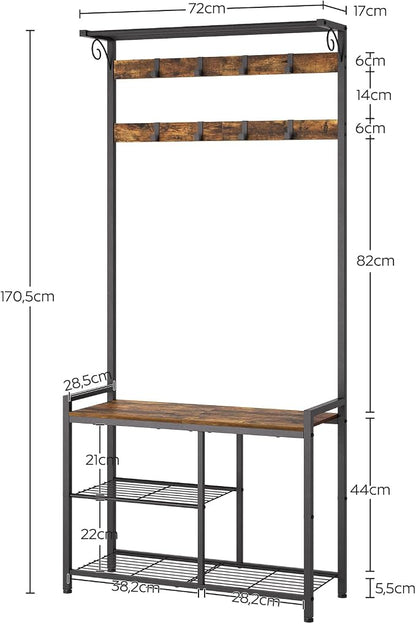 YATINEY Coat Rack Shoe Bench, 4-in-1 Hall Tree with Storage Shelves and Hanging Rod, Entryway Storage Organizer with 8 Movable Hooks, for Entryway, Hallway, Corridor, Rustic Brown and Black MT12BR