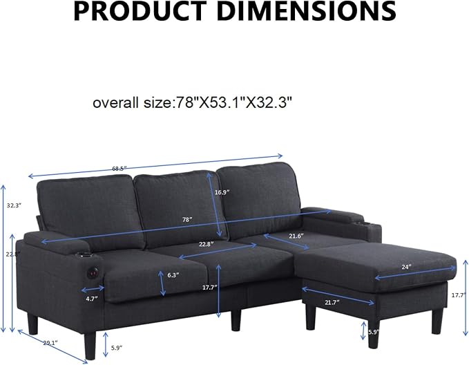 67'' L-Shaped Velvet Modular Sectional Couch Sofa with Ottoman, 3-Seat Convertible Cloud Deep Seat Sofa Couches for Living Room Bedroom Apartment, Cozy Chaise Lounge Sofas (Dark Grey)