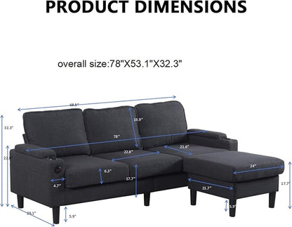 67'' L-Shaped Velvet Modular Sectional Couch Sofa with Ottoman, 3-Seat Convertible Cloud Deep Seat Sofa Couches for Living Room Bedroom Apartment, Cozy Chaise Lounge Sofas (Dark Grey)