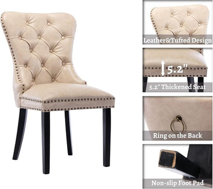EALSON Modern Dining Chairs Set of 2 Mid Century Leather Dining Room Chairs with Wood Legs Tufted Upholstered Kitchen Side Chairs with Nail Head Trim for Dining Room/Living Room, Beige with Ring