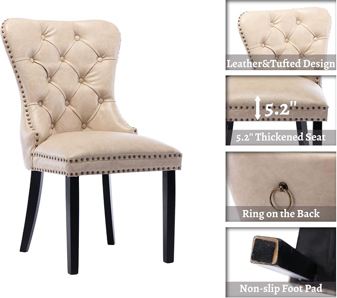 EALSON Mid Century Dining Chairs Set of 4 Modern Leather Dining Room Chairs with Wood Legs Tufted Upholstered Kitchen Side Chairs with Nail Head Trim for Dining Room/Living Room, Beige with Ring