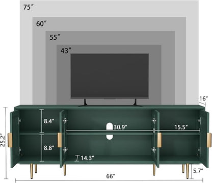 66" TV Stand for 75 Inch TV, Minimalist Media Console with Adjustable Shelves, Modern Entertainment Center with Storage for Living Room Bedroom, Green
