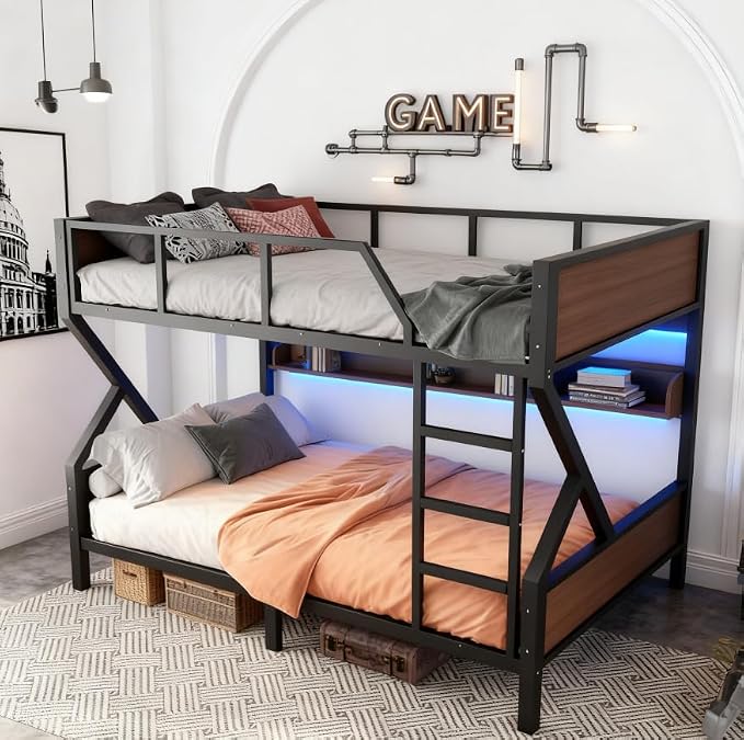 Bellemave Bunk Bed Queen Over Queen with LED, Heavy Duty Metal Bunk BedFrame with Storage Shelves and Lights, Black