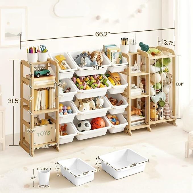 Toy Storage Organizer 4-in-1 Stuffed Animal Storage with 2 Bookshelf and 12 Plastic Bins - Toys Organizer for Kids Room - Wooden Toy Rack for Playroom, Bedroom, Nursery Decor