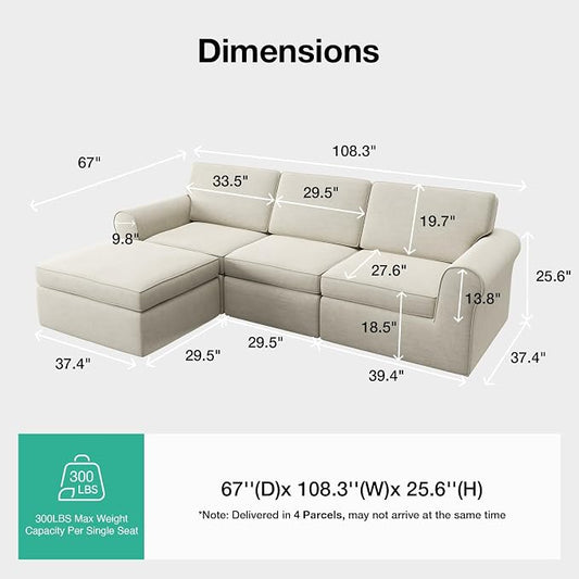 Novilla 108" Modular Sectional Sofa, Modular Sectional Couches for Living Room Bedroom, Chenille Removable Cover Cloud Couch with Smarts Coil® Support L-Shaped Couch(Beige, 3 Seater + 1 Ottoman)