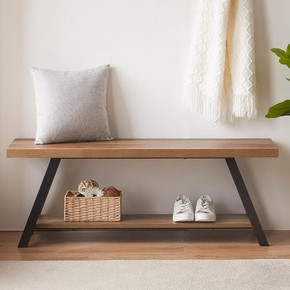 LVB Industrial Entryway Bench, Wood and Metal Storage Bench for Living Dining Room, Farmhouse Indoor Entry Way Shoe Benches Seat, Rustic Oak, 47 Inch Long