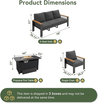Aoxun Patio Furniture Set, Aluminum Patio Set with Fire Pit Table and 5" Thicken & Washable Cushion, Waterproof Outdoor Furniture, Outdoor Couch Sectional for Backyard (5 Seats/F, Dark Grey)