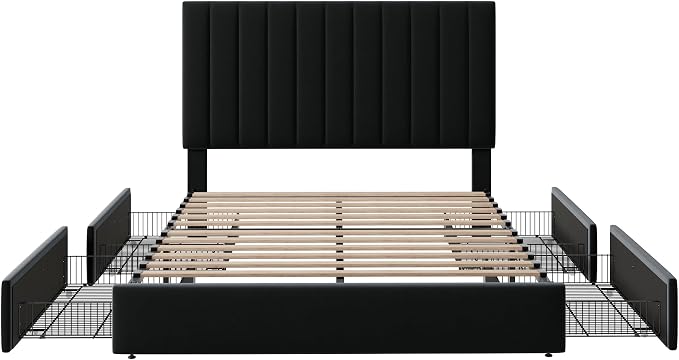 Allewie Queen Size Storage Bed Frame, Vertical Channel Tufted Adjustable Headboard, Velvet Upholstered Platform Bed with 4 Oversized Underbed Drawers, Wooden Slats Support, No Box Spring Needed, Black