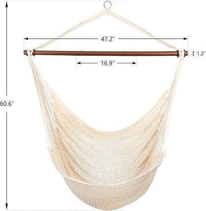Upgraded Caribbean Hammock Chair with Detachable Metal Bar, Large Hammock Swing Chair, XL Rope Hanging Chair for Outdoor Indoor, 330 LBS Weight Capacity, Seashell