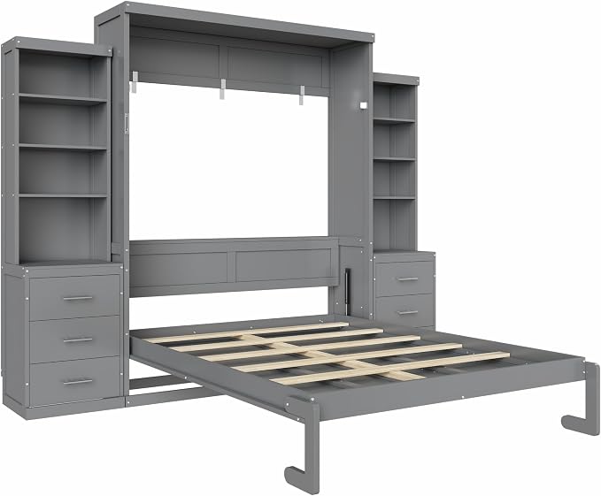 Murphy Bed Full Size,Murphy Bed with Storage Shelves and Drawers,Wall Bedframe w/Wood Slatk,can be Folded,No Box Spring Needed,for Bedroom Apartment,Gray