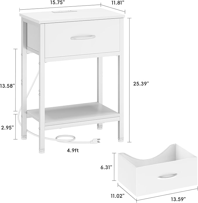 Vagusicc White Nightstand Set of 2 with Charging Station, Bed Side Table with Fabric Drawer, Small End Table with 2-Tier Storage Shelves, 25.4" Tall Bedside Table, Night Stand for Bedroom, Living Room