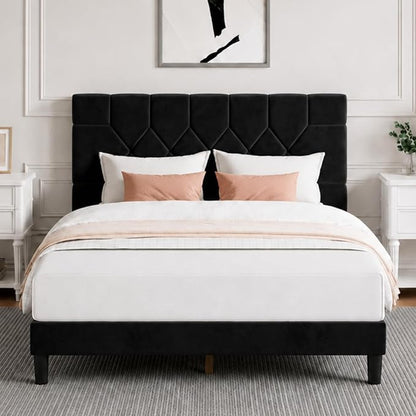 Novilla King Size Bed Frame, King Bed Frame and Headboard, Velvet Upholstered Pull-Point Bed Frames, No Box Spring Needed, Metal Support Heavy Duty Feet, Easy Assembly, Black Velvet