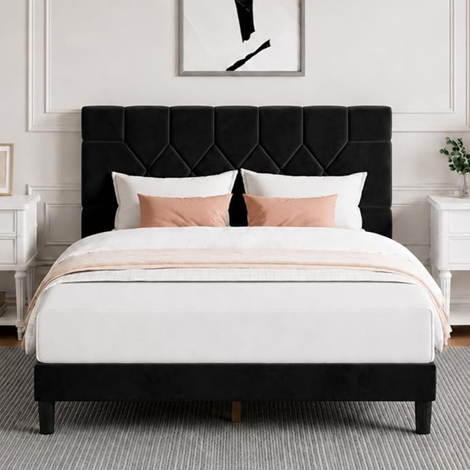 Novilla Full Size Bed Frame, Full Bed Frame with Headboard, Velvet Upholstered Pull-Point Headboard, No Box Spring Needed, Metal Support Heavy Duty Feet, Easy Assembly, Black Velvet