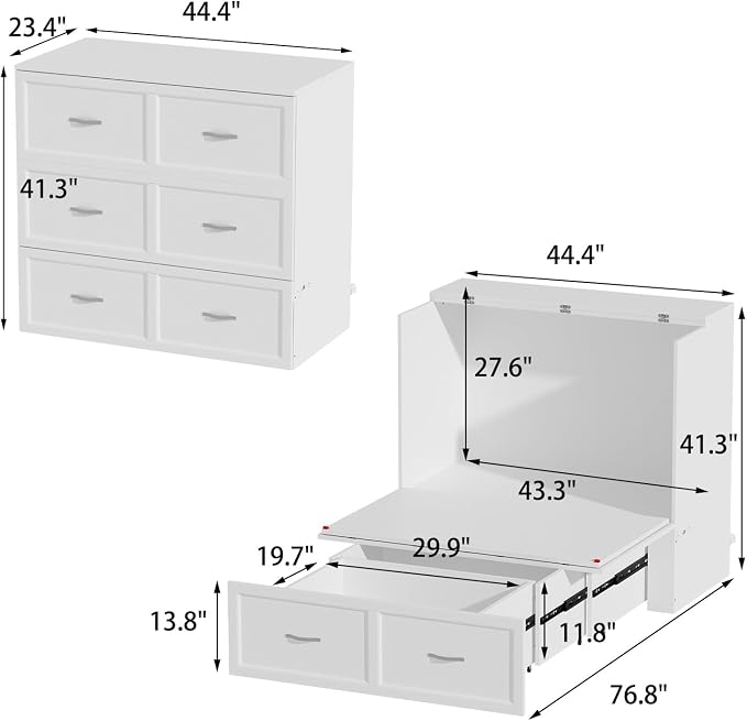 Twin Murphy Bed with Built-in Charging Station, Space-Saving Murphy Bed Chest Twin with Drawer, Foldable, for Home Office Guest Room Bedroom White, 76.8”L x 44.4”W x 41.3”H