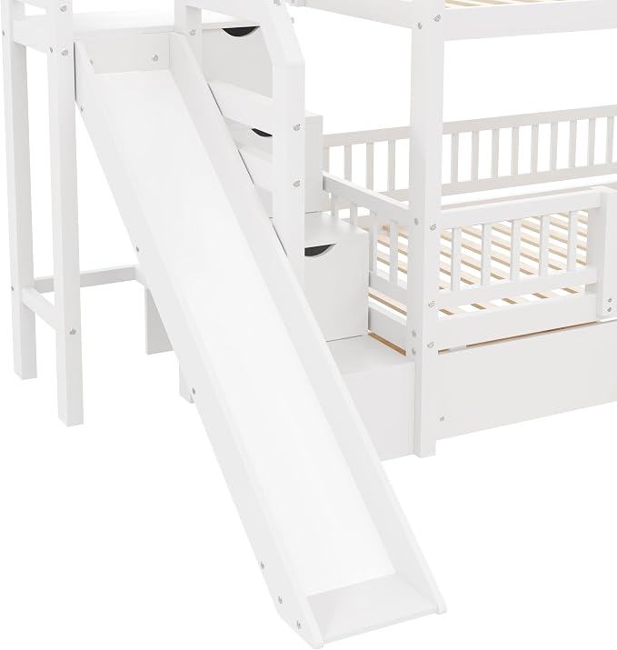 Twin Over Twin Bunk Bed with Storage Staircase, Slide and 2 Drawers,for Kids Teens Adults (White#Slide, Twin Over Twin)