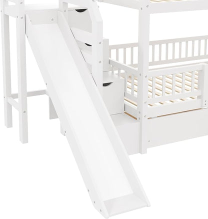 Twin Over Twin Bunk Bed with Storage Staircase, Slide and 2 Drawers,for Kids Teens Adults (White#Slide, Twin Over Twin)