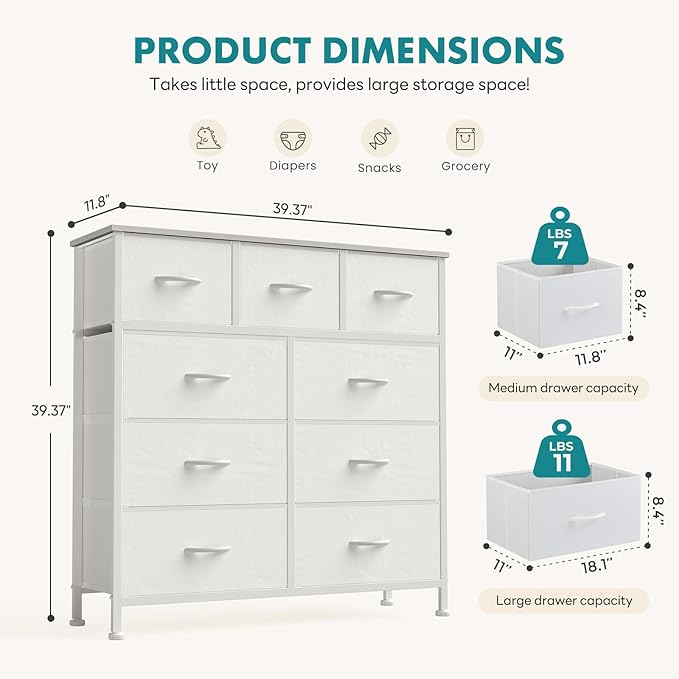 OLIXIS 9 Drawer Storage Dresser with Wood Top - Wide Fabric Chest Organizer for Bedroom, Closet, Living Room,Tower Cabinet, TV Stand, Hallway Entryway Furniture,White